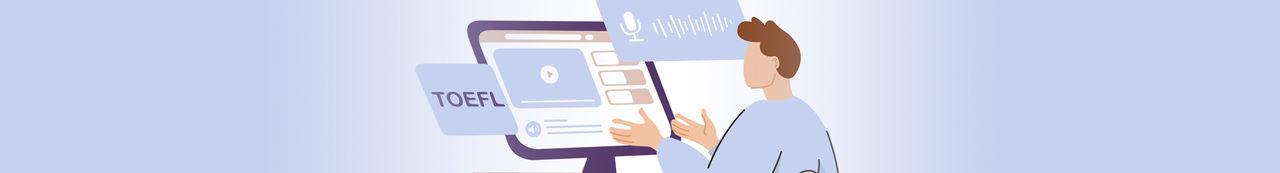 Illustration of person sitting in front of computer; the word “TOEFL” appears next to the computer