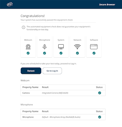 Screenshot showing the results of the Equipment Check when all equipment has passed the requirements check. Icons representing a webcam, microphone, system, network, and software all include a green checkmark